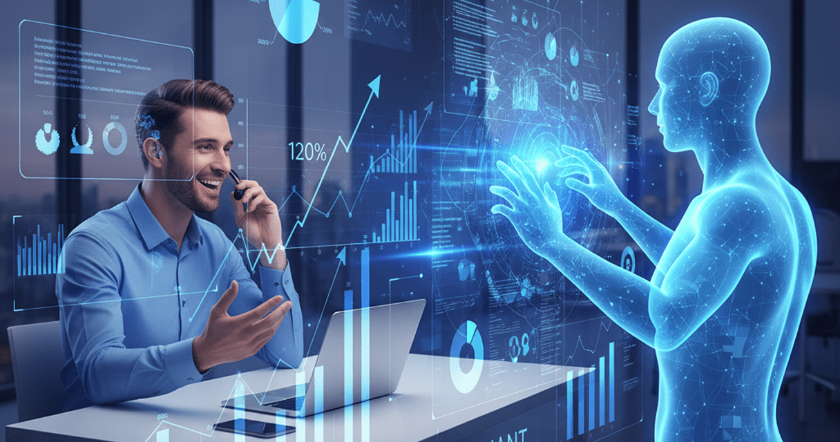 Imagem corporativa mostrando um SDR humano conversando ao telefone à esquerda e um agente de IA digital interagindo com dados à direita, com gráficos de desempenho ao fundo